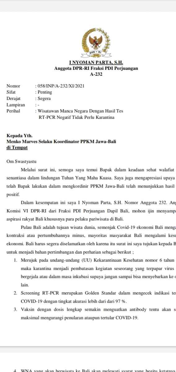 Nyoman Parta Kirim Surat Terbuka Ke Menko Marves Soal Wisman Negatif PCR Tak Perlu Karantina Nyoman Parta Kirim Surat Terbuka Ke Menko Marves Soal Wisman Negatif PCR Tak Perlu Karantina