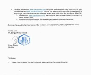 Hak Jawab Direktur PT.Bangun Guna Sukses Kwan Jimmy Atas Berita Berjudul “Dirugikan Puluhan Juta, Konsumen Perumahan di Kabupaten Tangerang Gugat Pengembang” 